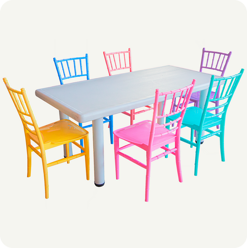 Set Infantil Mesa Blanca 120x60 cm + 6 Sillas Tiffany de Plástico | Multicolor | Eventos y Juegos