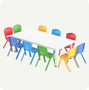 Mesa Infantil Rectangular 152x76 cm  Color Blanco con 10 Sillas multicolor