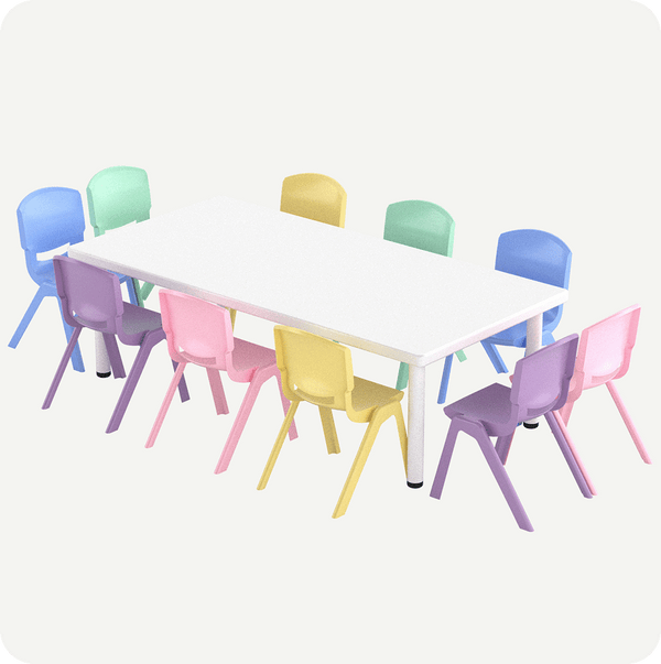 Mesa Infantil Rectangular 152x76 cm  Color Blanco con 10 Sillas multicolor
