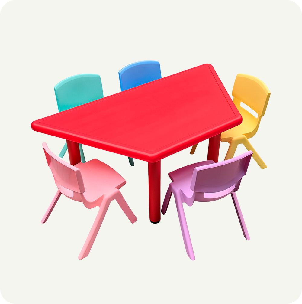 Mesa Trapezoidal Modular Plástico + 5 sillas infantiles