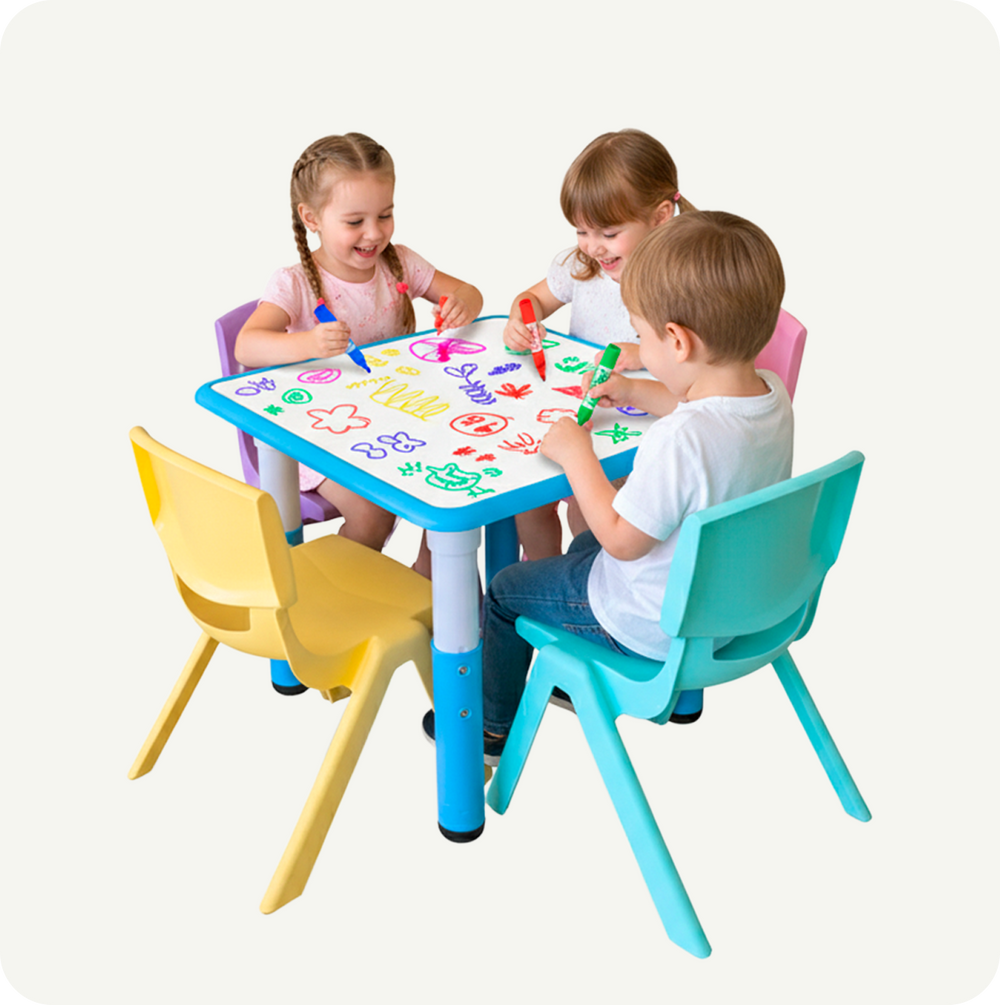 Mesa Infantil Didáctica con Pizarrón y 4 Sillas – Dibuja, Aprende y Juega | Fabricante Directo