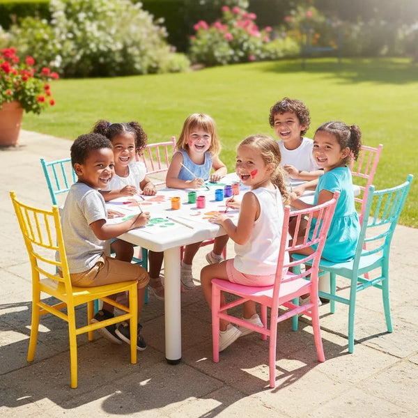 Set Infantil Mesa Blanca 120x60 cm + 6 Sillas Tiffany de Plástico | Multicolor | Eventos y Juegos