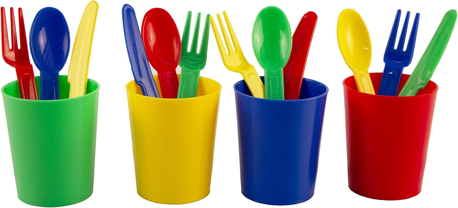 Vajilla Infantil de Colores didácticos (Juego de Cocina) Platos, Vasos, Cubiertos + Estuche