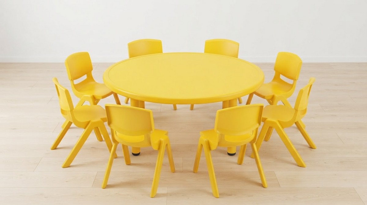 Mesa Infantil Redonda con 8 Sillas Plásticas