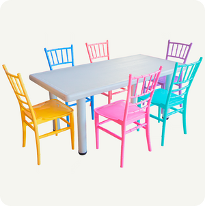 Set Infantil Mesa Blanca 120x60 cm + 6 Sillas Tiffany de Plástico | Multicolor | Eventos y Juegos