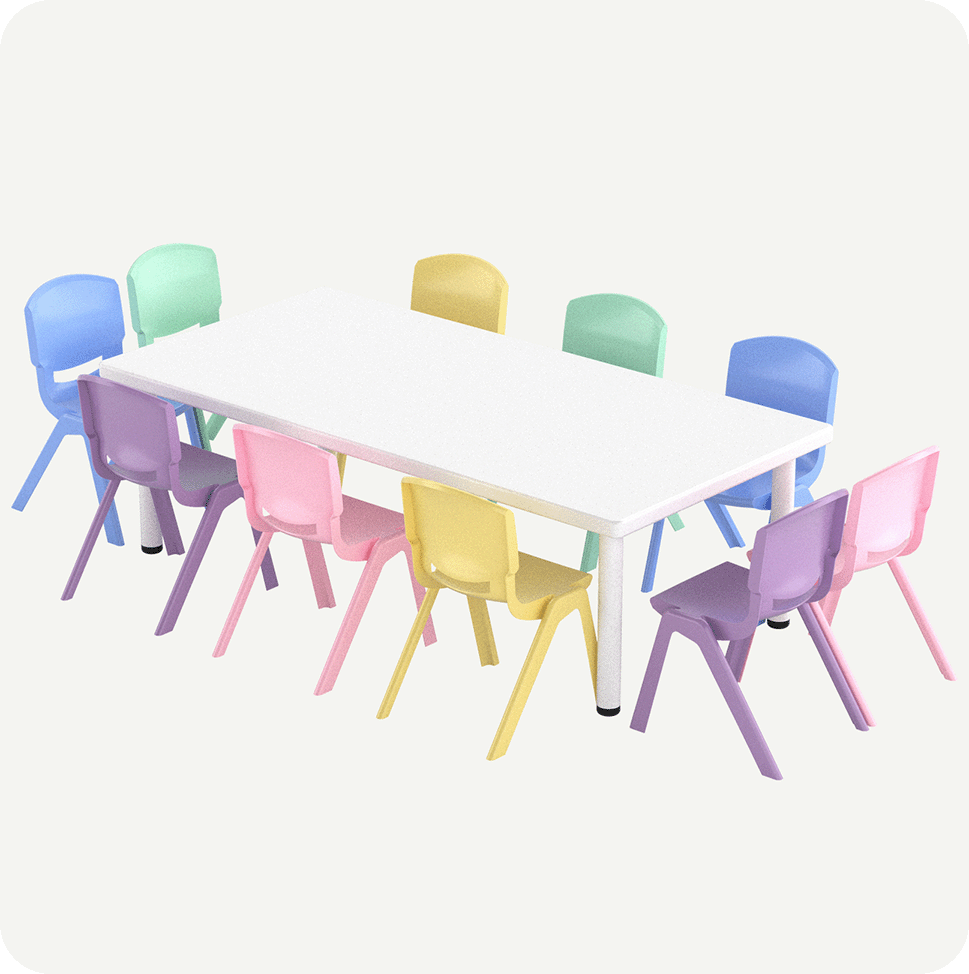 Mesa Infantil Rectangular 152x76 cm  Color Blanco con 10 Sillas multicolor