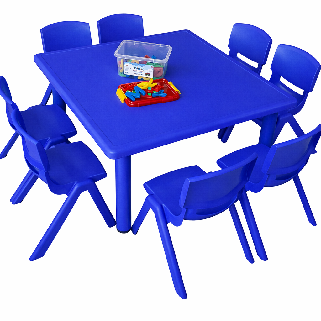 Mesa Infantil Cuadrada 88x88 cm + 8 Sillas Escolar Guardería Plástico Resistente