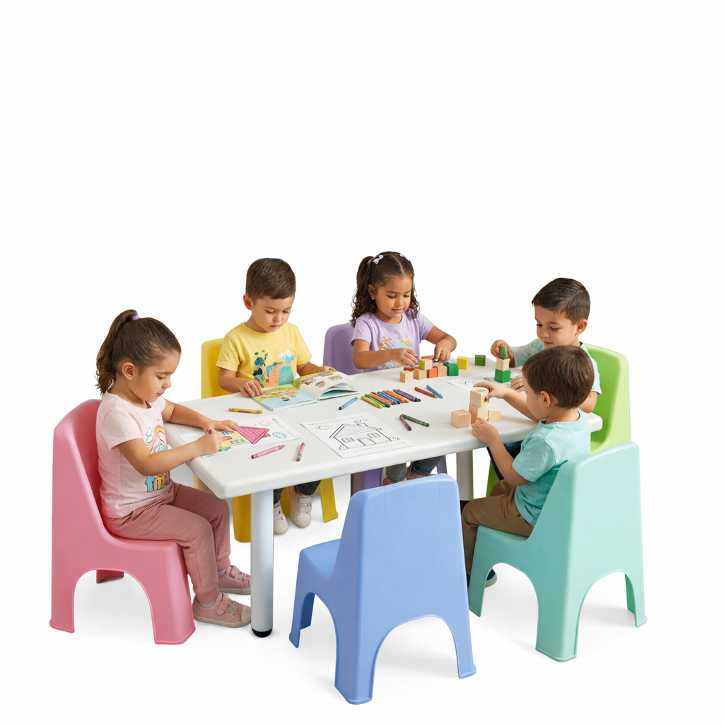 Mesa Infantil Rectangular 120x60 cm con 6 Sillas Modelo Nube