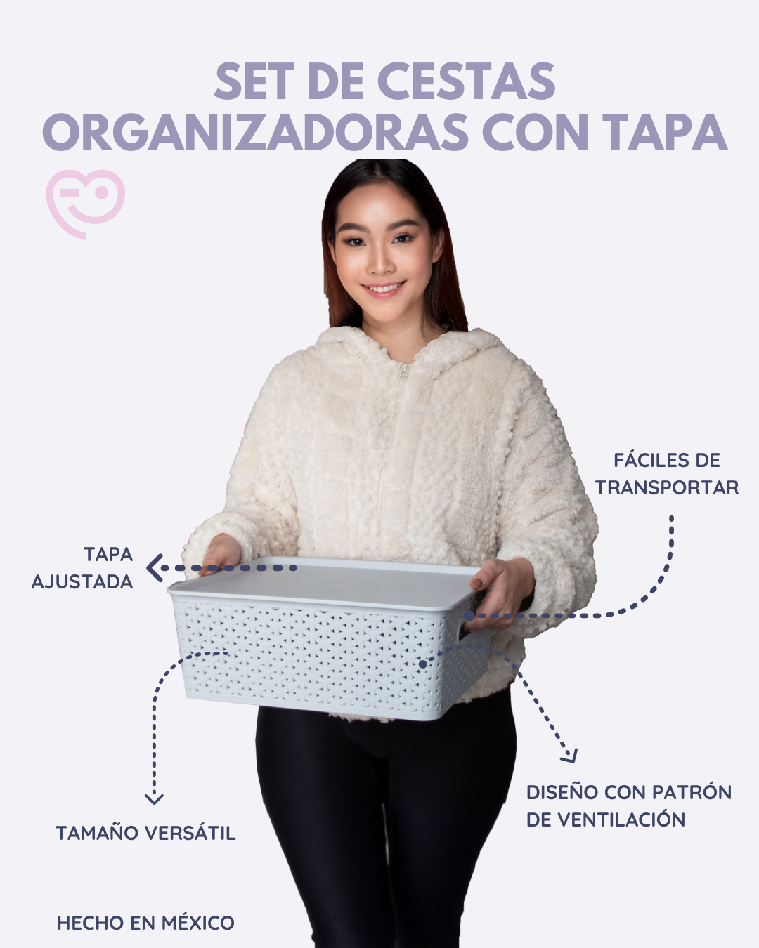 Kit 4 Canastas Nina Grandes con Tapa Apilables