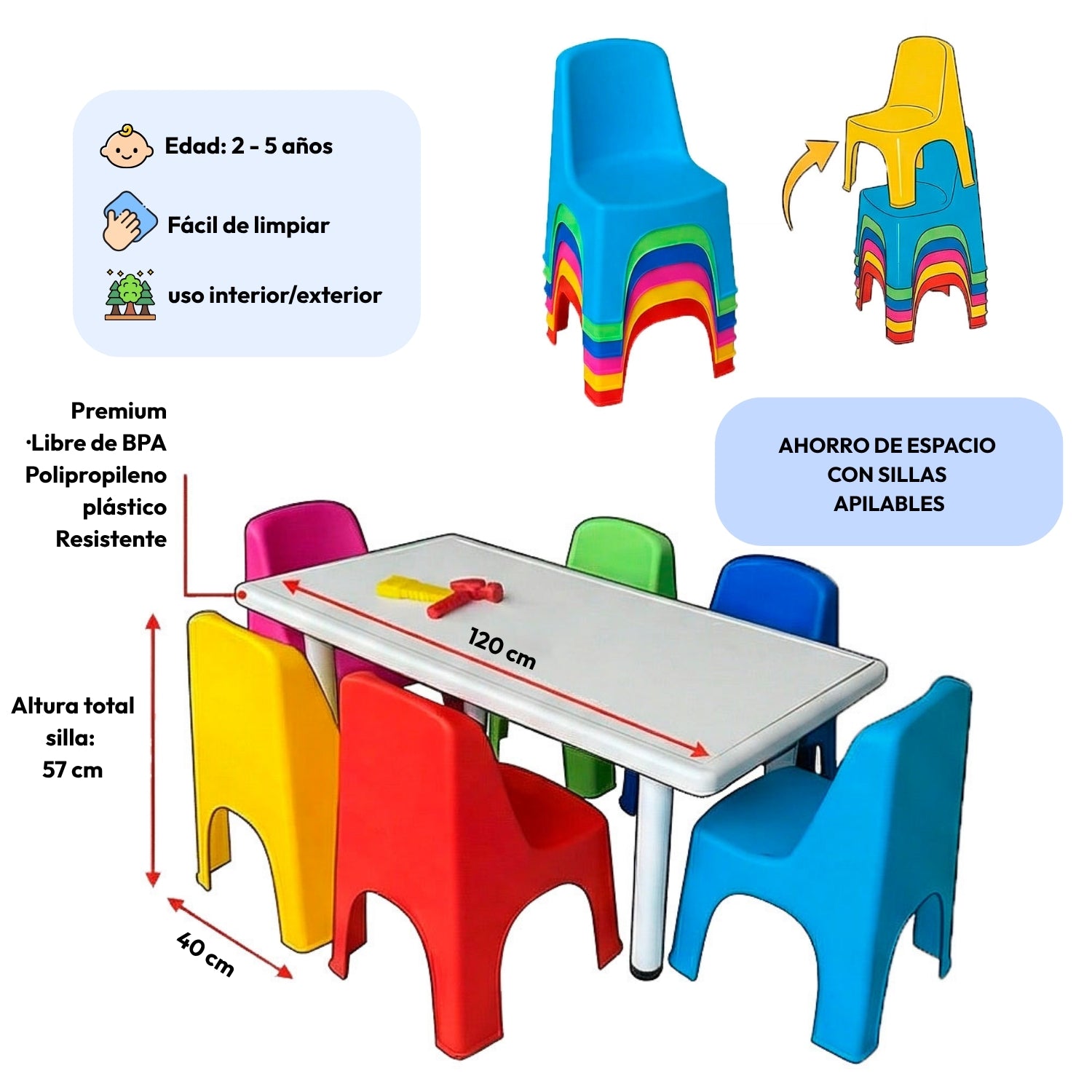 Mesa Infantil Rectangular 120x60 cm con 6 Sillas Modelo Nube