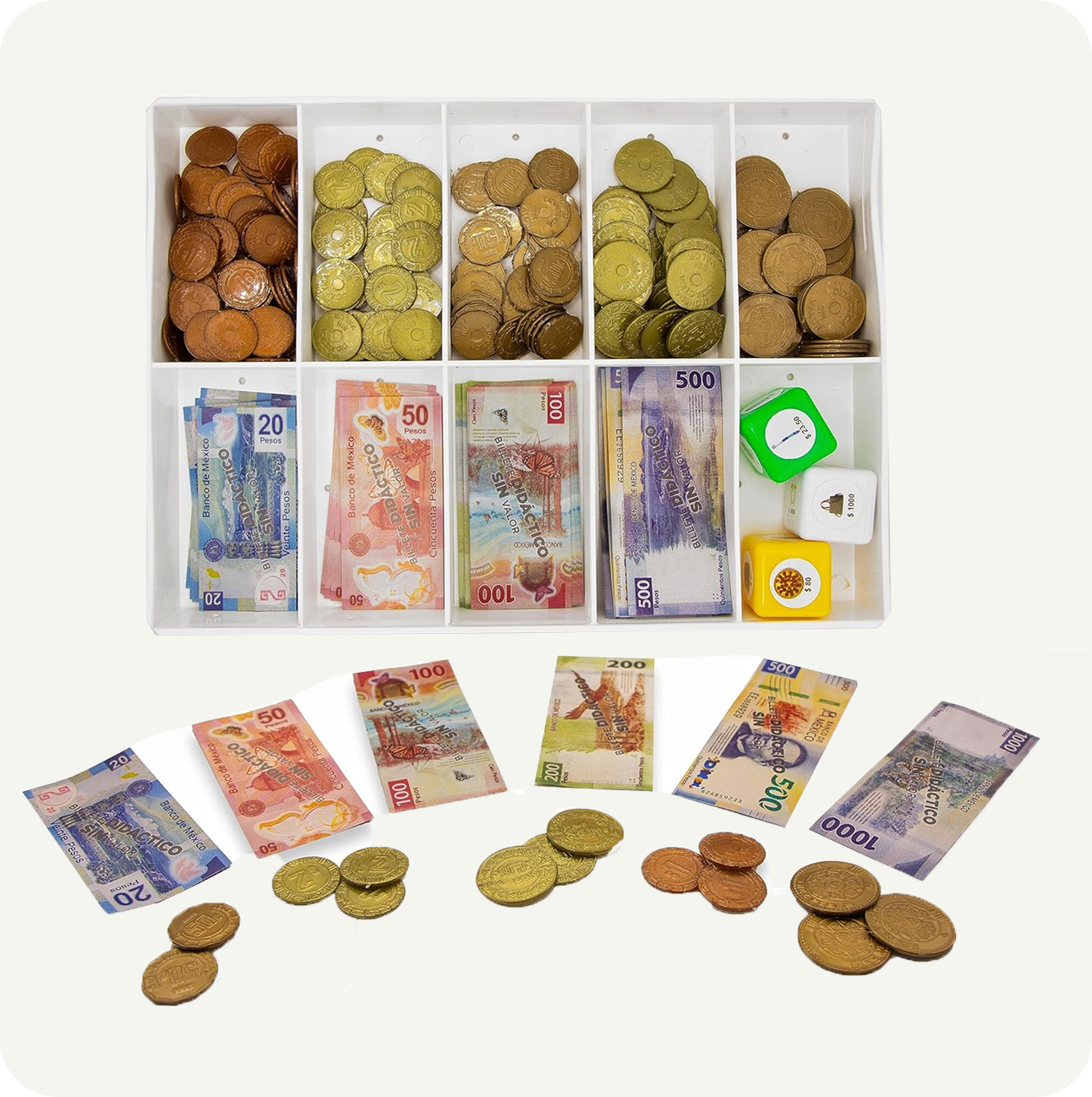 Juego Billetes y Monedas de Fantasía 90 billetes, 240 monedas de plástico y 3 dados.