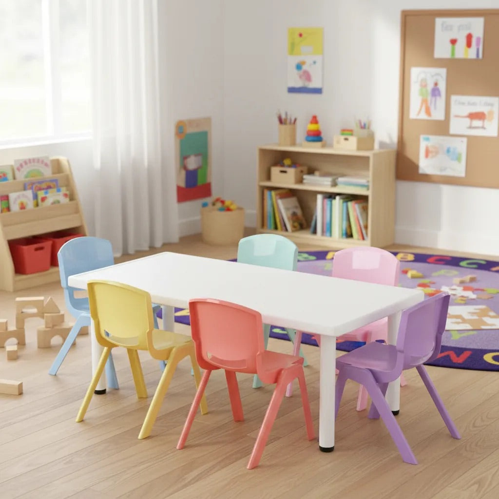Mesa Infantil Plástico 120x60 con 6 Sillas Multicolor Pastel