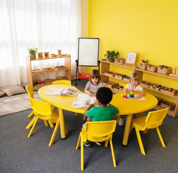 Mesa Curva Infantil con 5 Sillas | Plástico Resistente para Preescolar