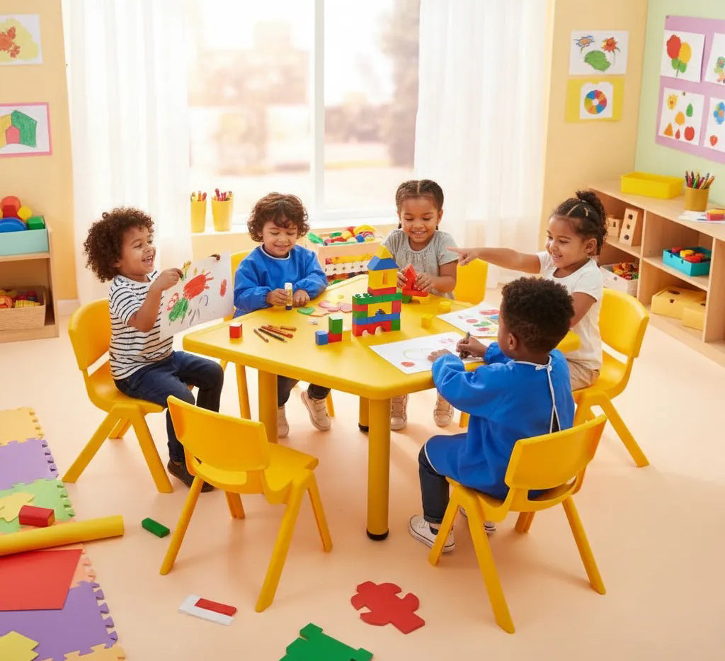 Mesa Trapezoidal Modular Plástico + 5 sillas infantiles