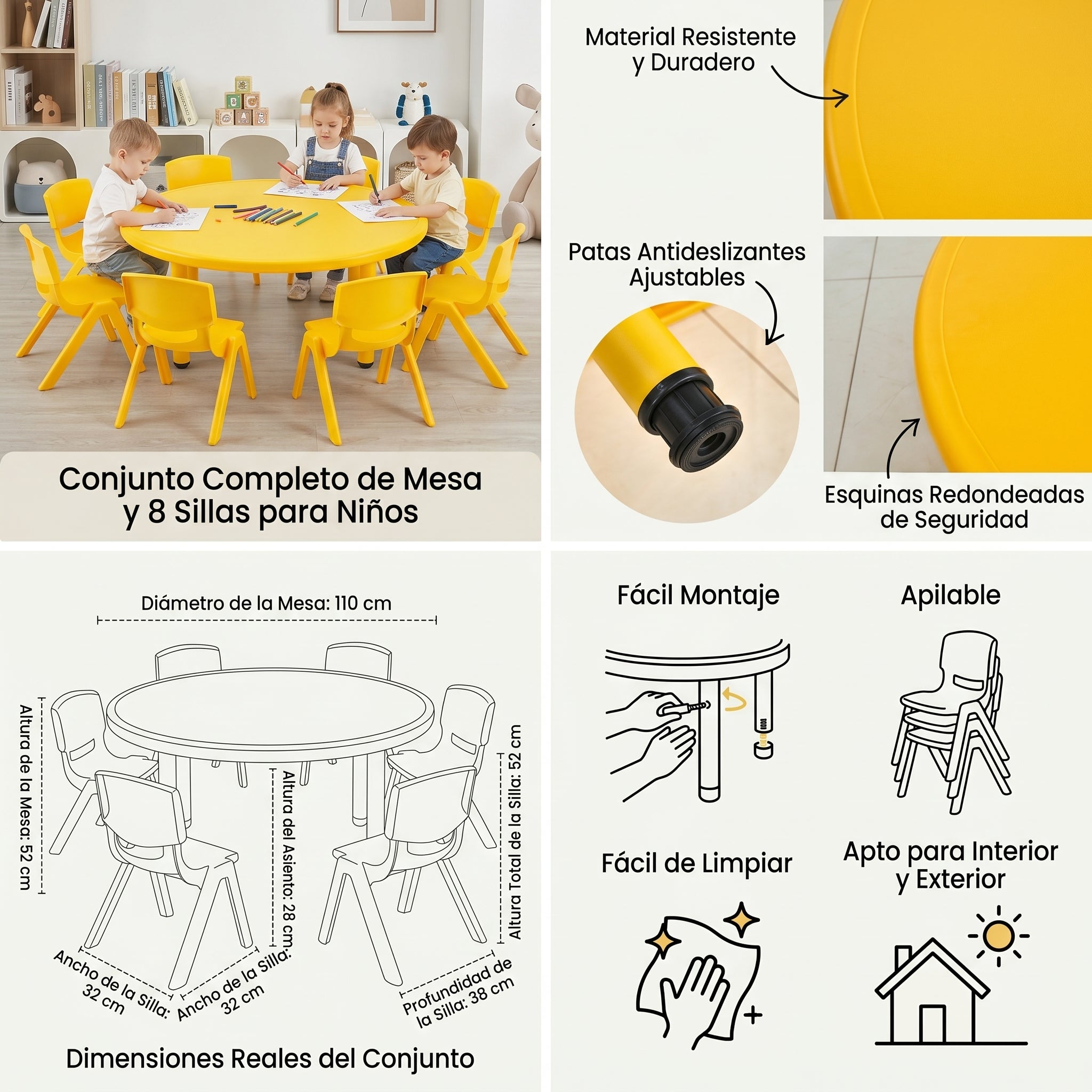 Mesa Infantil Redonda con 8 Sillas Plásticas
