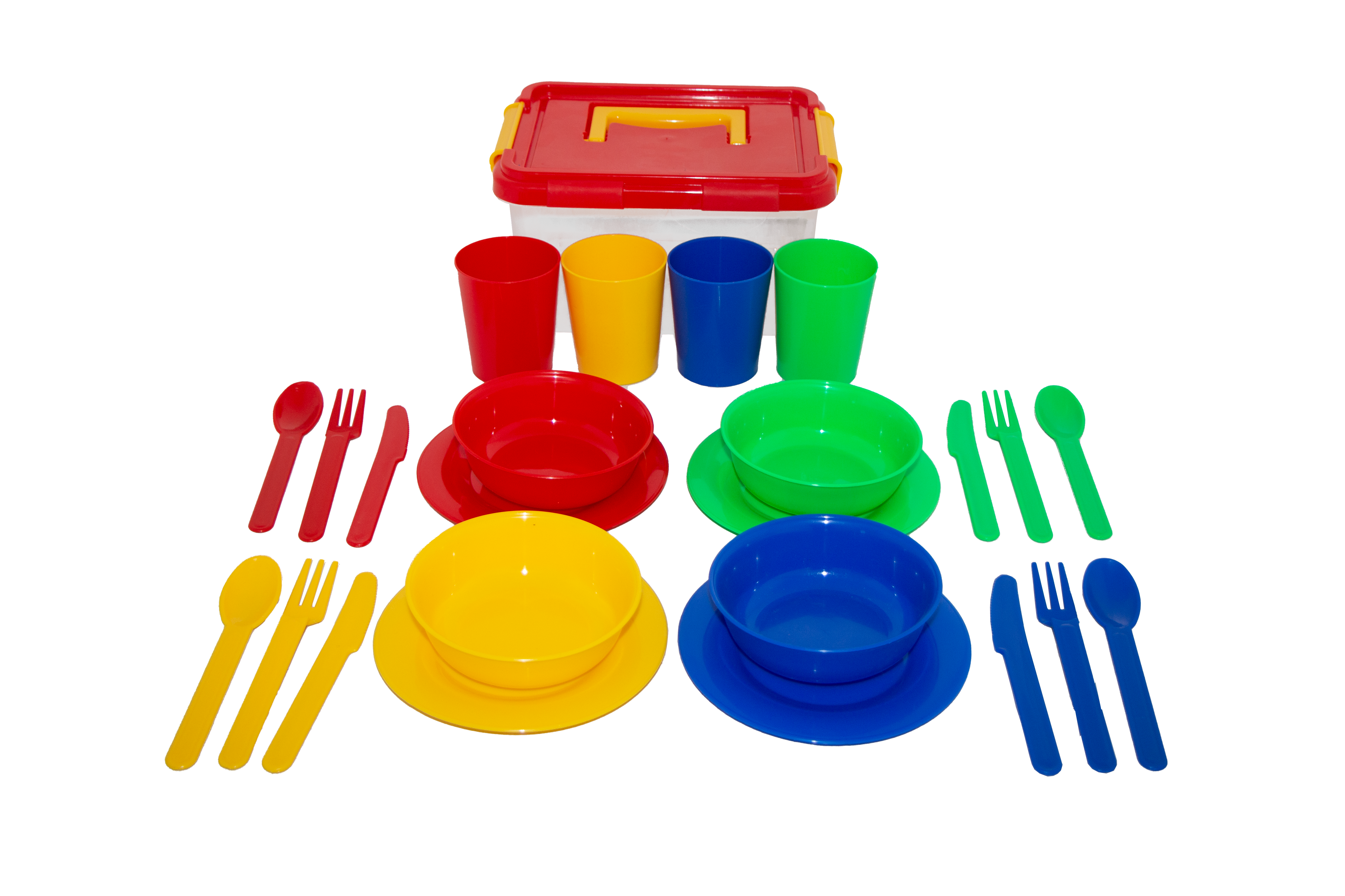 Vajilla Infantil de Colores didácticos (Juego de Cocina) Platos, Vasos, Cubiertos + Estuche