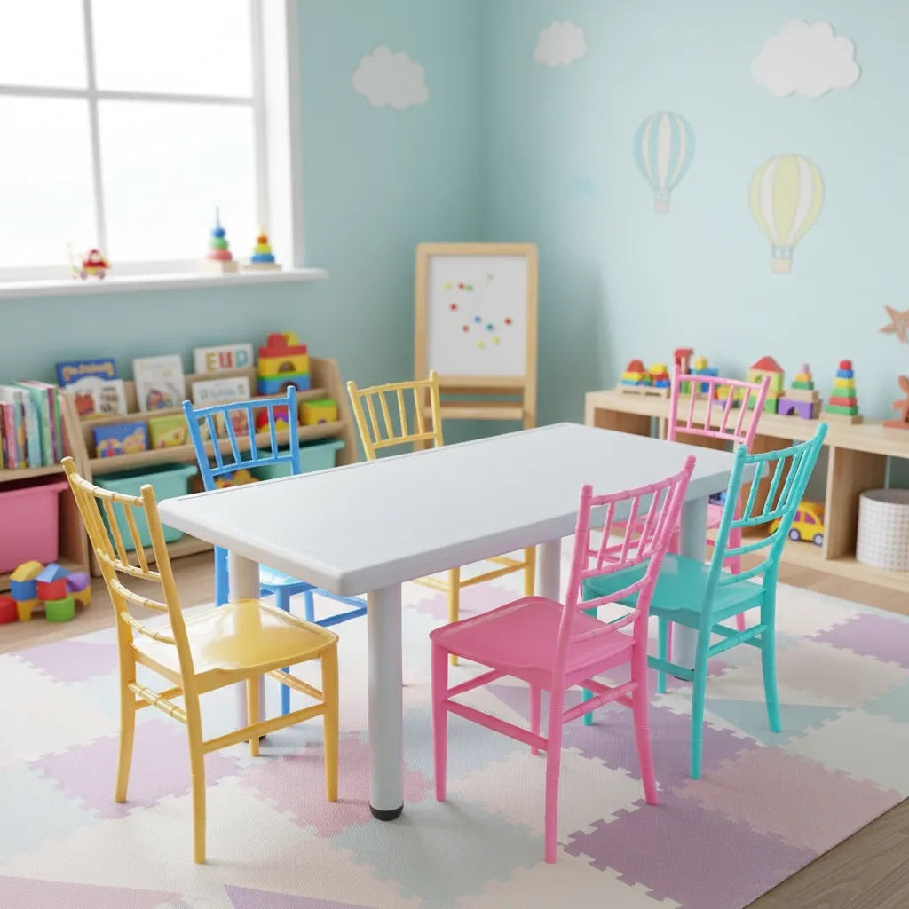 Set Infantil Mesa Blanca 120x60 cm + 6 Sillas Tiffany de Plástico | Multicolor | Eventos y Juegos