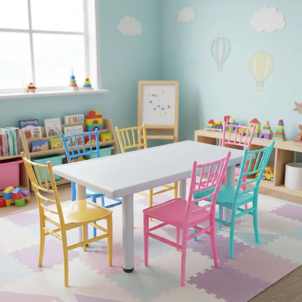 Set Infantil Mesa Blanca 120x60 cm + 6 Sillas Tiffany de Plástico | Multicolor | Eventos y Juegos