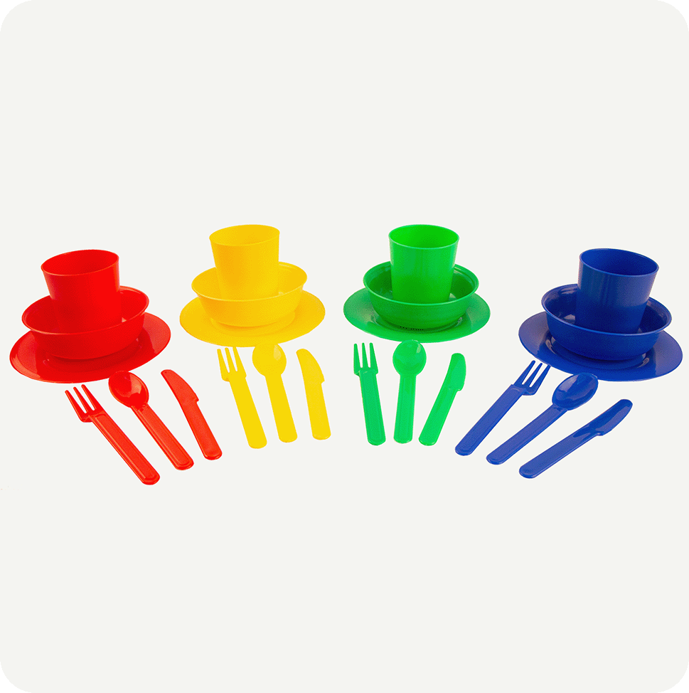 Vajilla Infantil de Colores didácticos (Juego de Cocina) Platos, Vasos, Cubiertos + Estuche